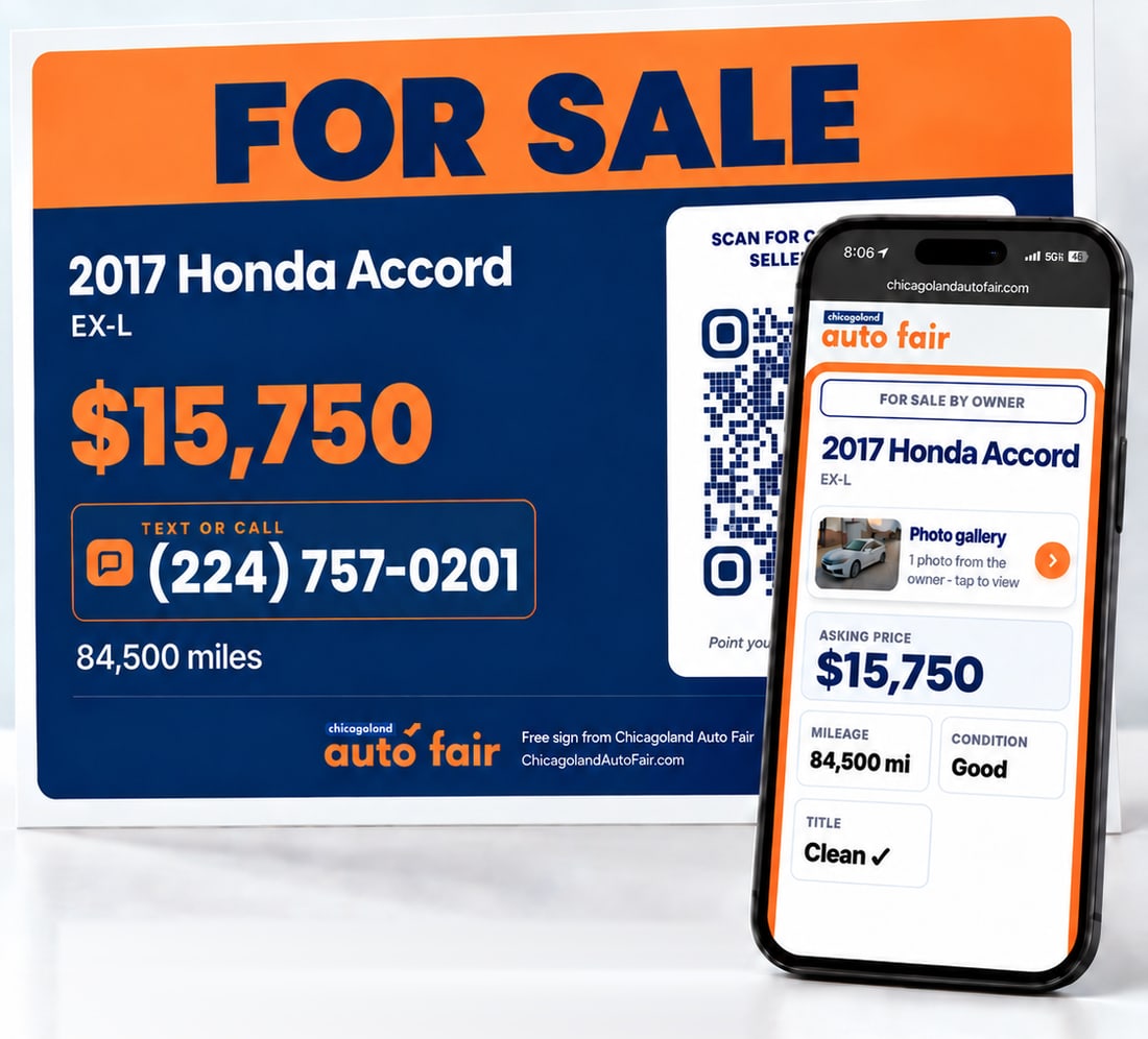 A printed FOR SALE sign for a 2017 Honda Accord with the price, the seller's number and a QR code, next to a phone showing the car's buyer page