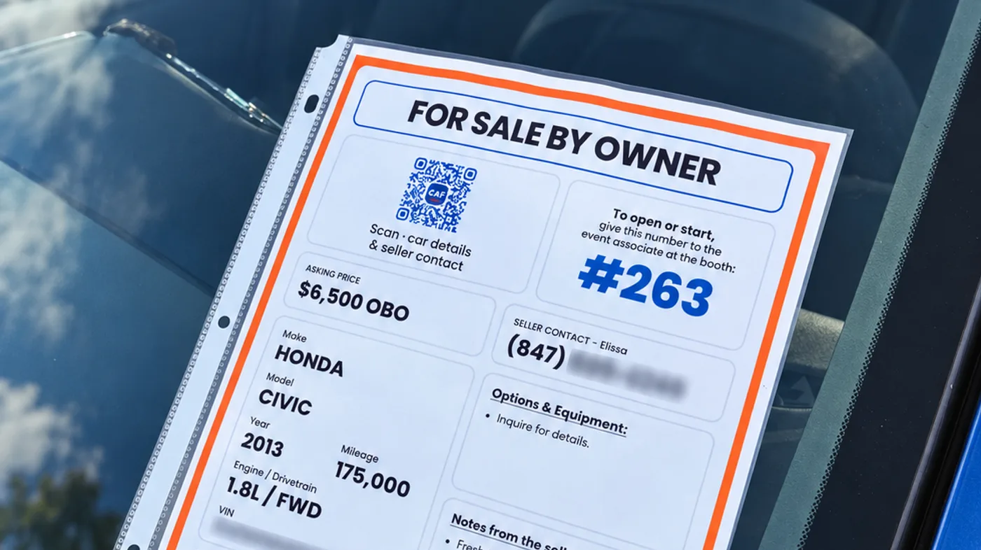 For Sale By Owner window sticker on a car windshield at the Auto Fair